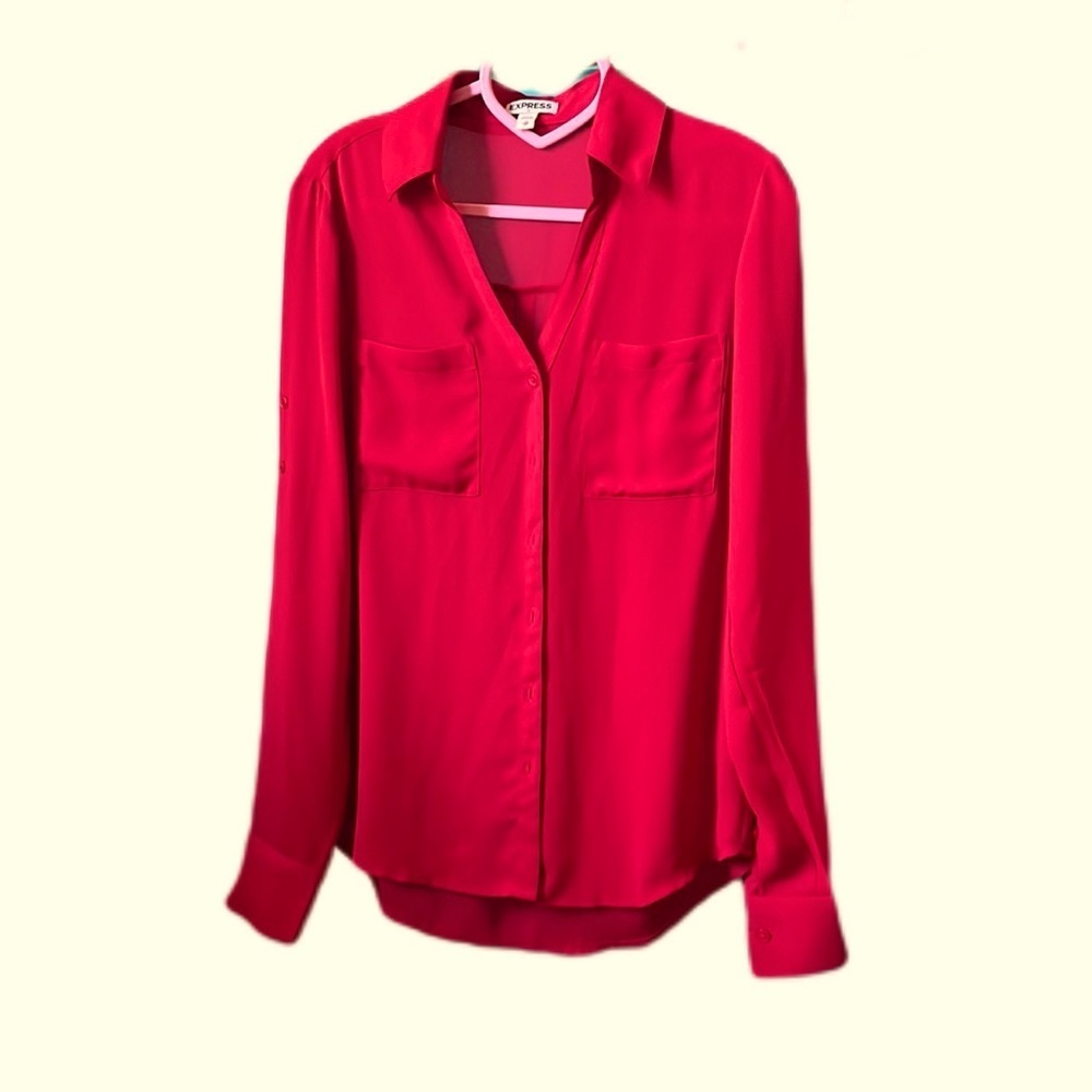 Red Sheer Fitted Button Up Long Sleeve Blouse by Express size XS Valentines Day